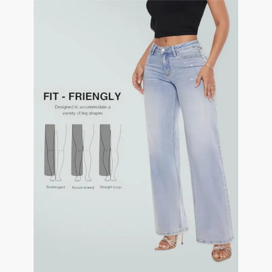 🎉 2026 Sale !! 👖Mid-low Rise BBL Jeans Stretchy Wide Leg Tummy Control Distressed Baggy Denim Pants 🌸