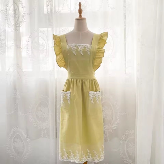 Washed Cotton Linen Lace Aprons Cooking Kitchen Aprons Flower Shop Garden Ruffles Work Clean Apron for Woman Overalls Dress