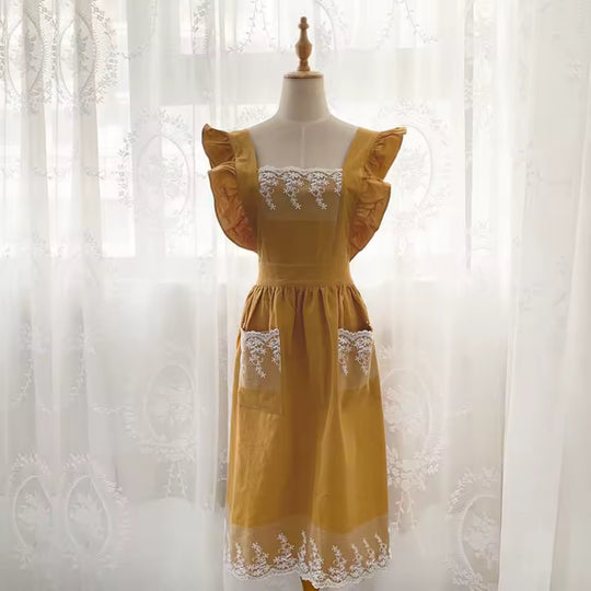 Washed Cotton Linen Lace Aprons Cooking Kitchen Aprons Flower Shop Garden Ruffles Work Clean Apron for Woman Overalls Dress