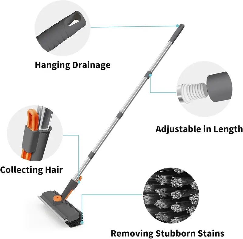 🧹3-in-1 Floor Scrub Bathtub Brush with Long Handle, Double-Sided, Heavy-Duty Stiff Bristles & Squeegee – Scrape & Scrub
