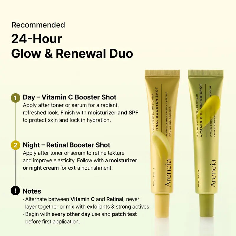 [Arencia Official] Booster Shot Skin Renewal Duo - Vitamin C & Retinal for Day And Night Brightening, Pore Minimizing, Moisturizing, and Fades Dark Spots | 1.01 fl oz + 1.01 fl oz