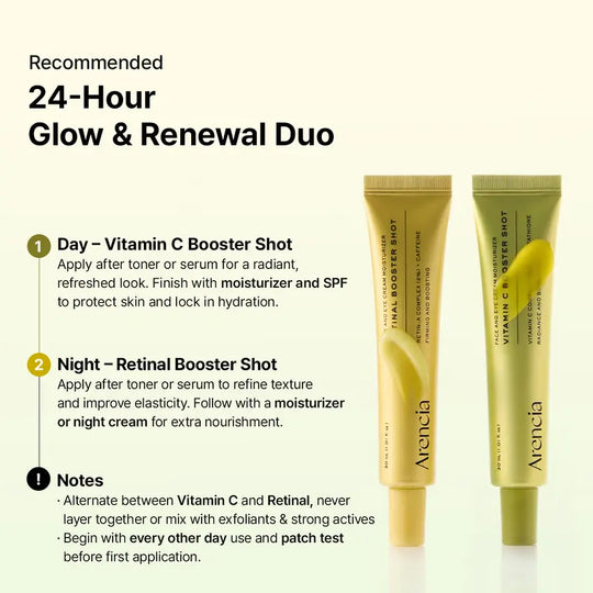 [Arencia Official] Booster Shot Skin Renewal Duo - Vitamin C & Retinal for Day And Night Brightening, Pore Minimizing, Moisturizing, and Fades Dark Spots | 1.01 fl oz + 1.01 fl oz