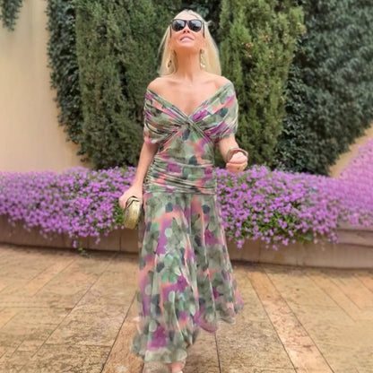 💜LAST DAY PROMOTION - 50%OFF💜Women's Off-the-Shoulder V-Neck Printed Dress