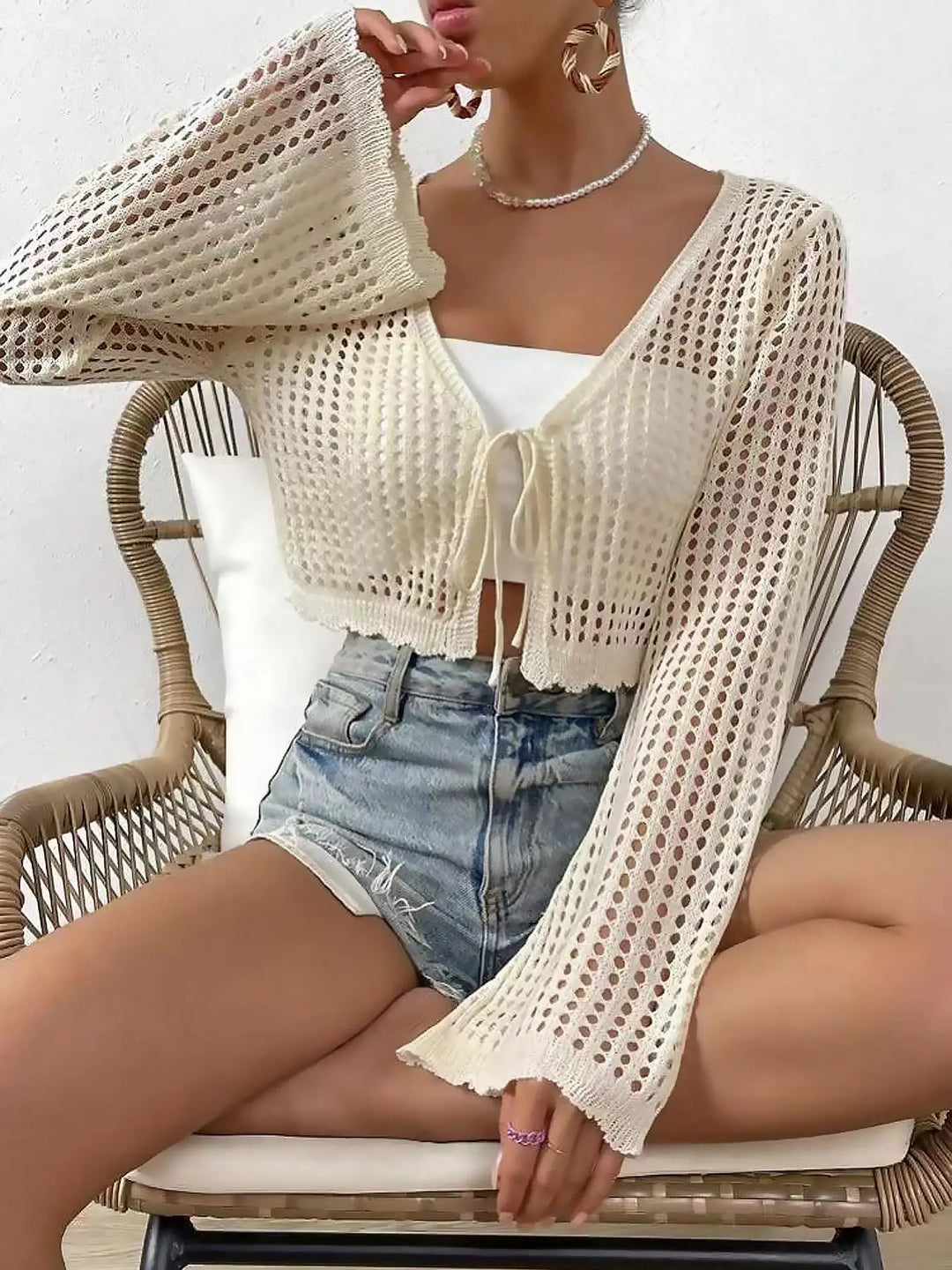 Women's Plain Hollow Out Tie Front Crop Cardigan, Casual Flounce Sleeve V Neck Cover Up Knitwear Tops for Spring & Fall, Summer Outfits 2024, Women's Knit Clothing for Daily Wear
