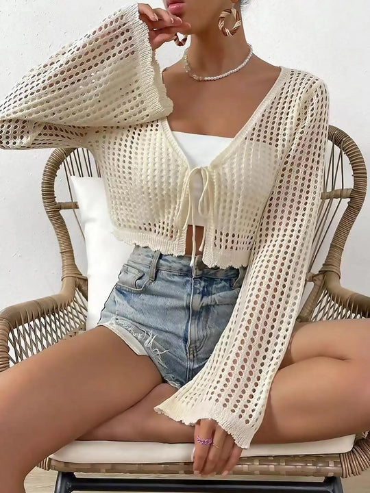 Women's Plain Hollow Out Tie Front Crop Cardigan, Casual Flounce Sleeve V Neck Cover Up Knitwear Tops for Spring & Fall, Summer Outfits 2024, Women's Knit Clothing for Daily Wear