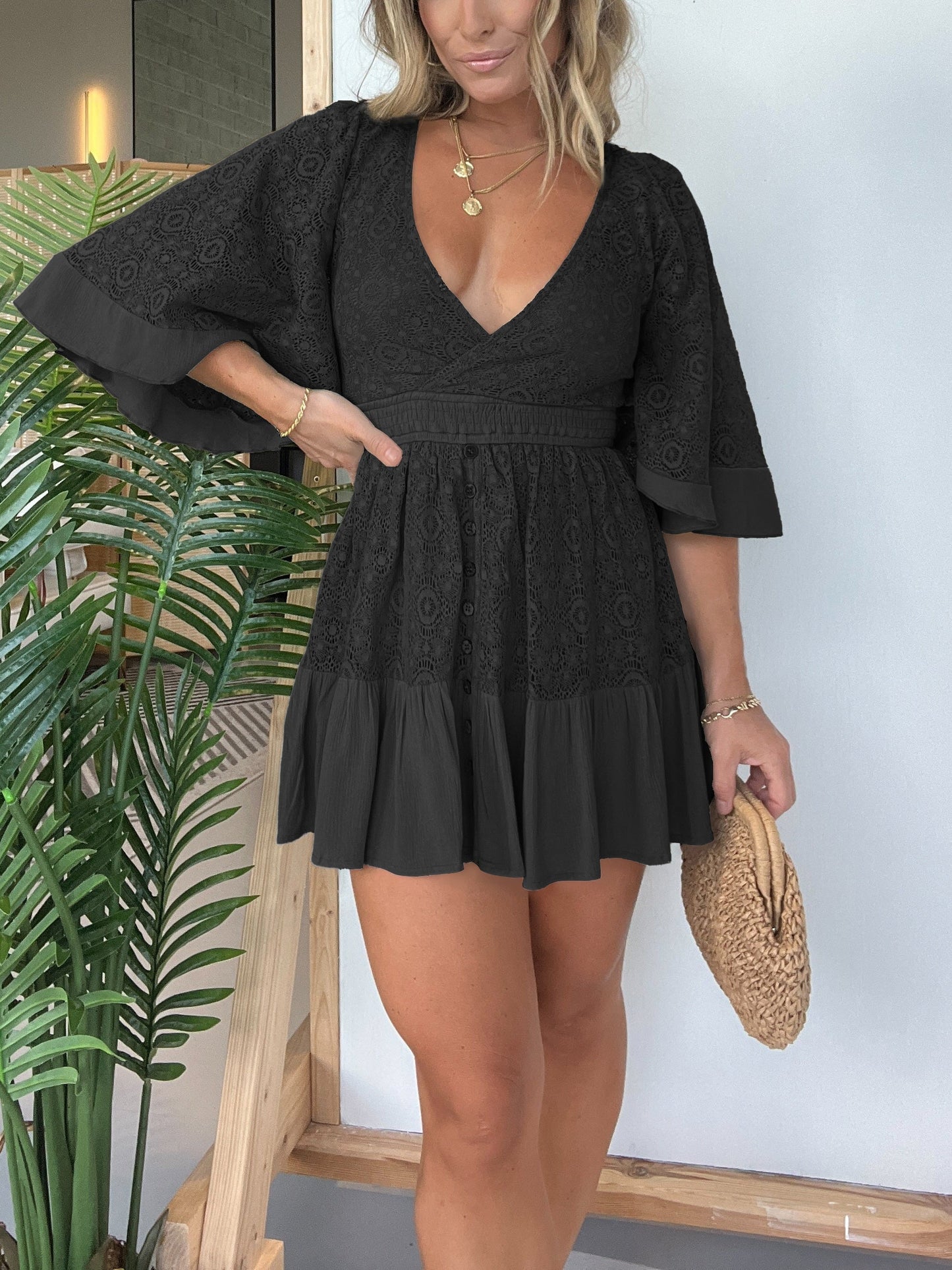 Open Back Lace Crochet Romper Dress--One-piece dress style, slimming and fitting, displays graceful figure!