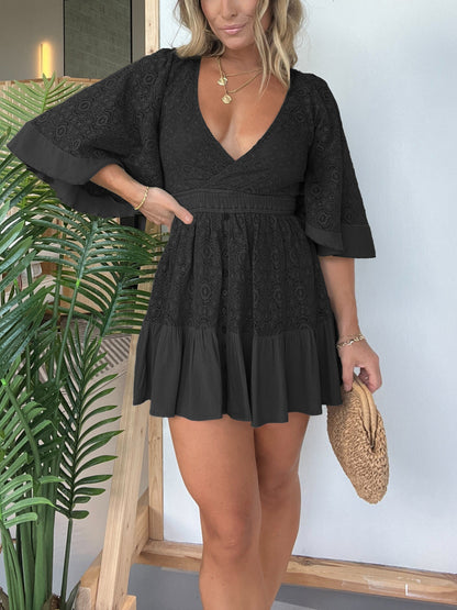 Open Back Lace Crochet Romper Dress--One-piece dress style, slimming and fitting, displays graceful figure!