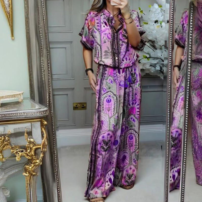 ✨ Stylish 2-Piece Co-ord: Women's Printed Top & Wide Leg Pants 2-Piece Set