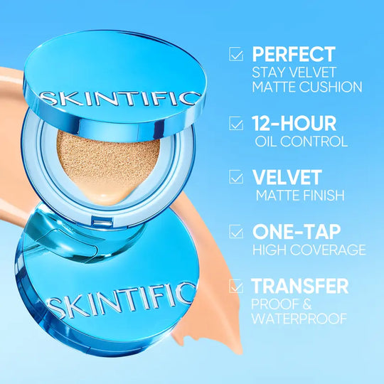 [New Shade Launch] SKINTIFIC Velvet Matte Cushion Foundation Blue Ultra Cover Powder Foundation, 12h Oil-Control, Lightweight, Long-Lasting, Waterproof Korean Cushion Makeup