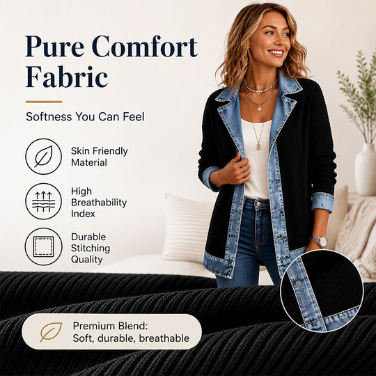 Seasonal Style🛍️Women’s Elegant Denim Spliced Ribbed Knit Coat