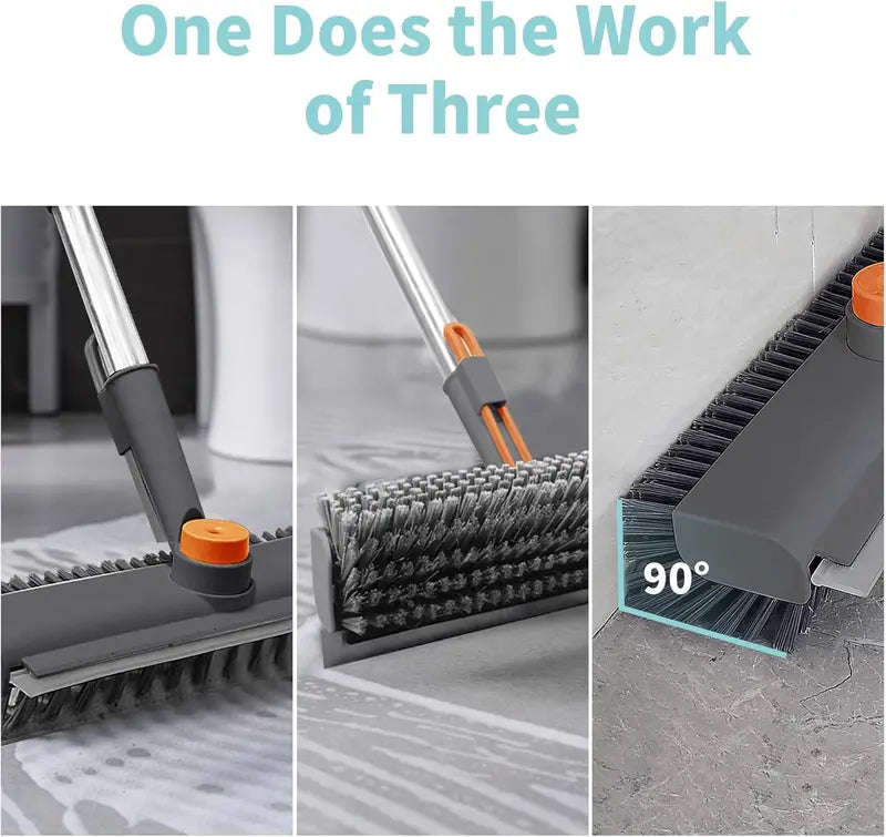 🧹3-in-1 Floor Scrub Bathtub Brush with Long Handle, Double-Sided, Heavy-Duty Stiff Bristles & Squeegee – Scrape & Scrub