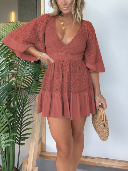 Open Back Lace Crochet Romper Dress--One-piece dress style, slimming and fitting, displays graceful figure!