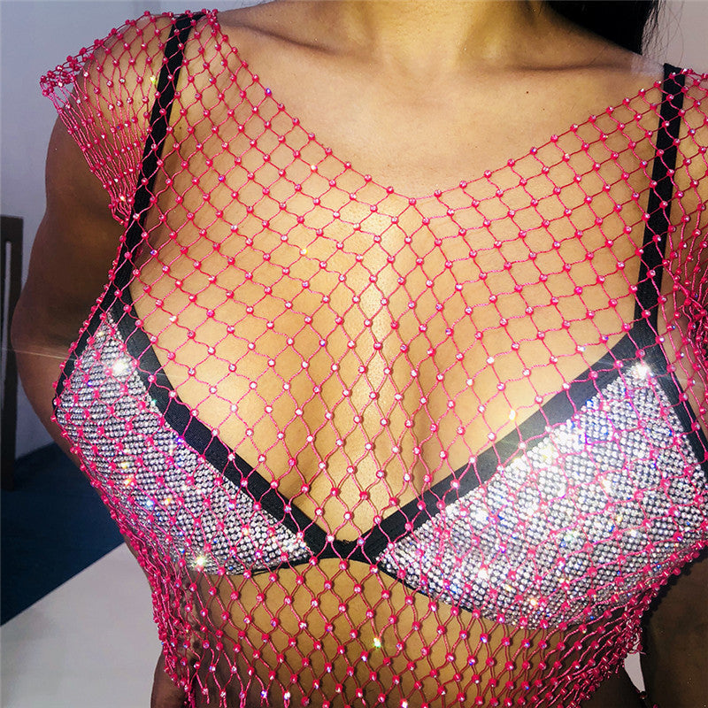 Fascinating Rhinestone-Embellished Fishnet Crop Top