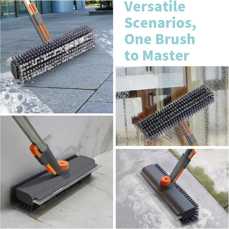 🧹3-in-1 Floor Scrub Bathtub Brush with Long Handle, Double-Sided, Heavy-Duty Stiff Bristles & Squeegee – Scrape & Scrub