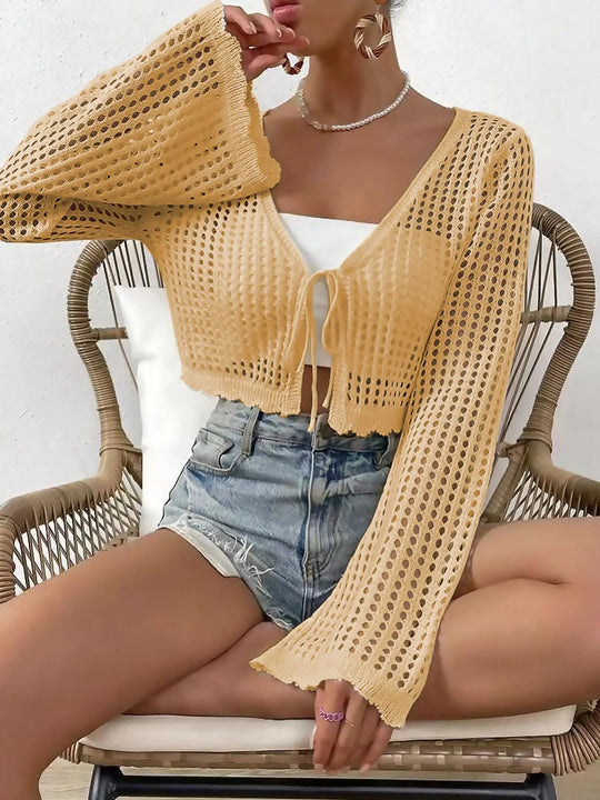 Women's Plain Hollow Out Tie Front Crop Cardigan, Casual Flounce Sleeve V Neck Cover Up Knitwear Tops for Spring & Fall, Summer Outfits 2024, Women's Knit Clothing for Daily Wear