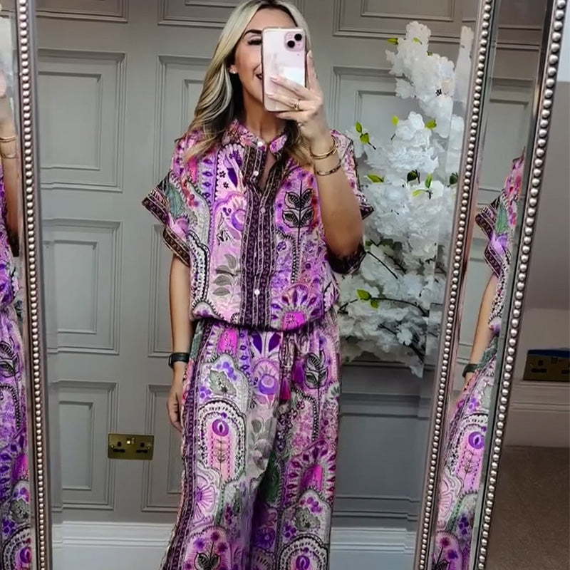 ✨ Stylish 2-Piece Co-ord: Women's Printed Top & Wide Leg Pants 2-Piece Set