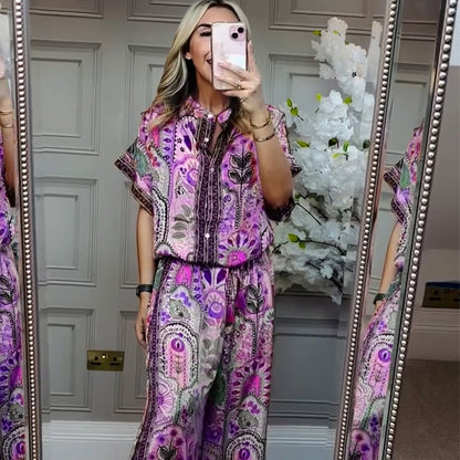 ✨ Stylish 2-Piece Co-ord: Women's Printed Top & Wide Leg Pants 2-Piece Set
