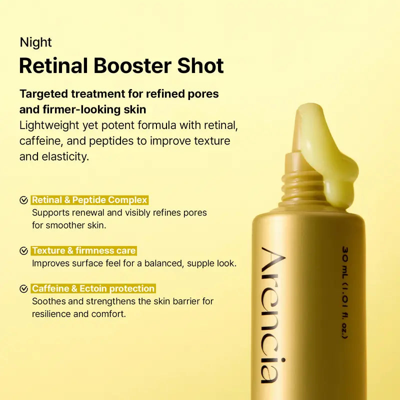 [Arencia Official] Booster Shot Skin Renewal Duo - Vitamin C & Retinal for Day And Night Brightening, Pore Minimizing, Moisturizing, and Fades Dark Spots | 1.01 fl oz + 1.01 fl oz