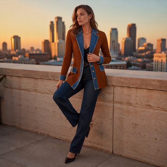 Seasonal Style🛍️Women’s Elegant Denim Spliced Ribbed Knit Coat