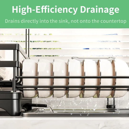 Foldable Over Sink Dish Drying Rack｜Pull-Out 2-Tier Dish Drainer with Utensil Holder｜Space Saving Kitchen Organizer for Small Kitchens