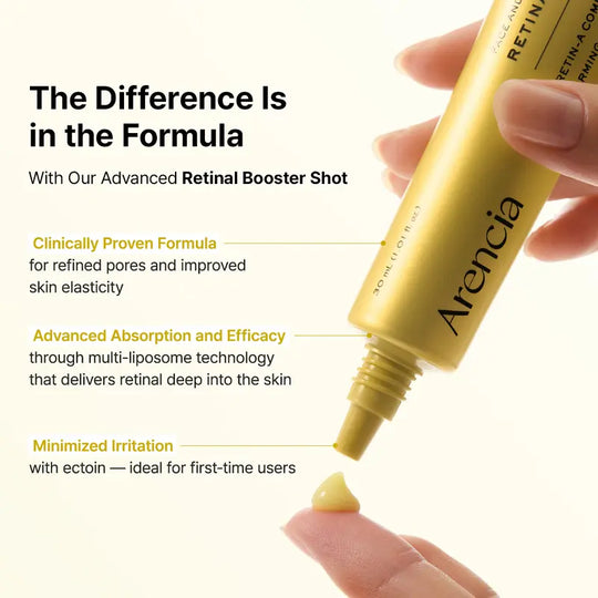 [Arencia Official] Booster Shot Skin Renewal Duo - Vitamin C & Retinal for Day And Night Brightening, Pore Minimizing, Moisturizing, and Fades Dark Spots | 1.01 fl oz + 1.01 fl oz