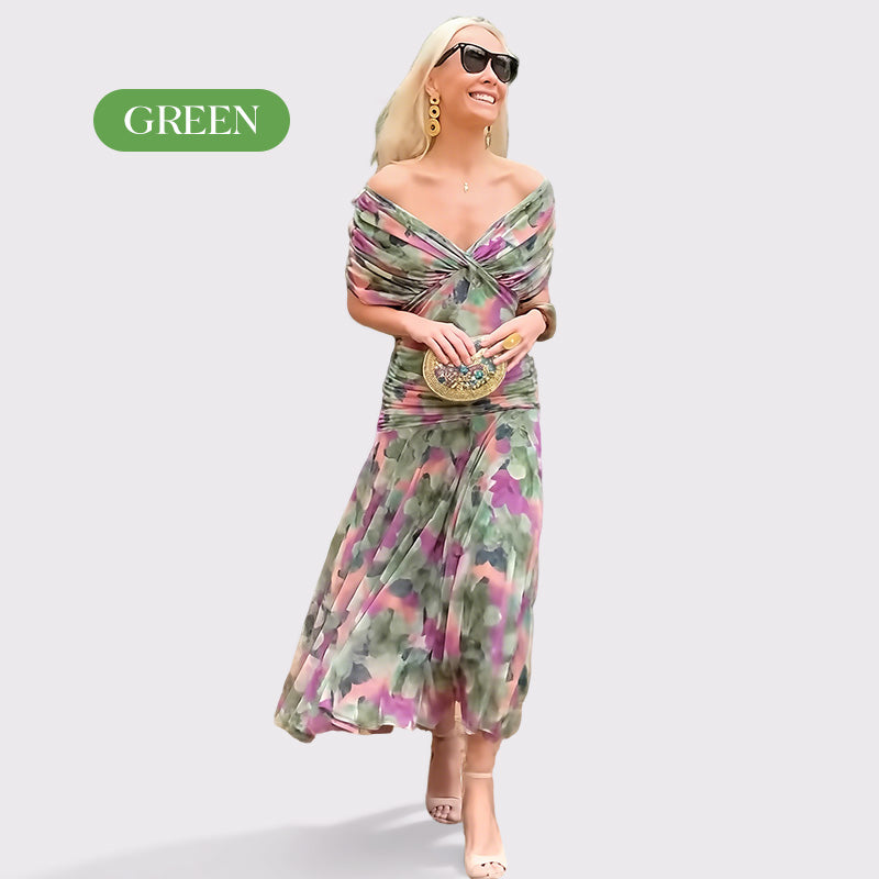 💜LAST DAY PROMOTION - 50%OFF💜Women's Off-the-Shoulder V-Neck Printed Dress