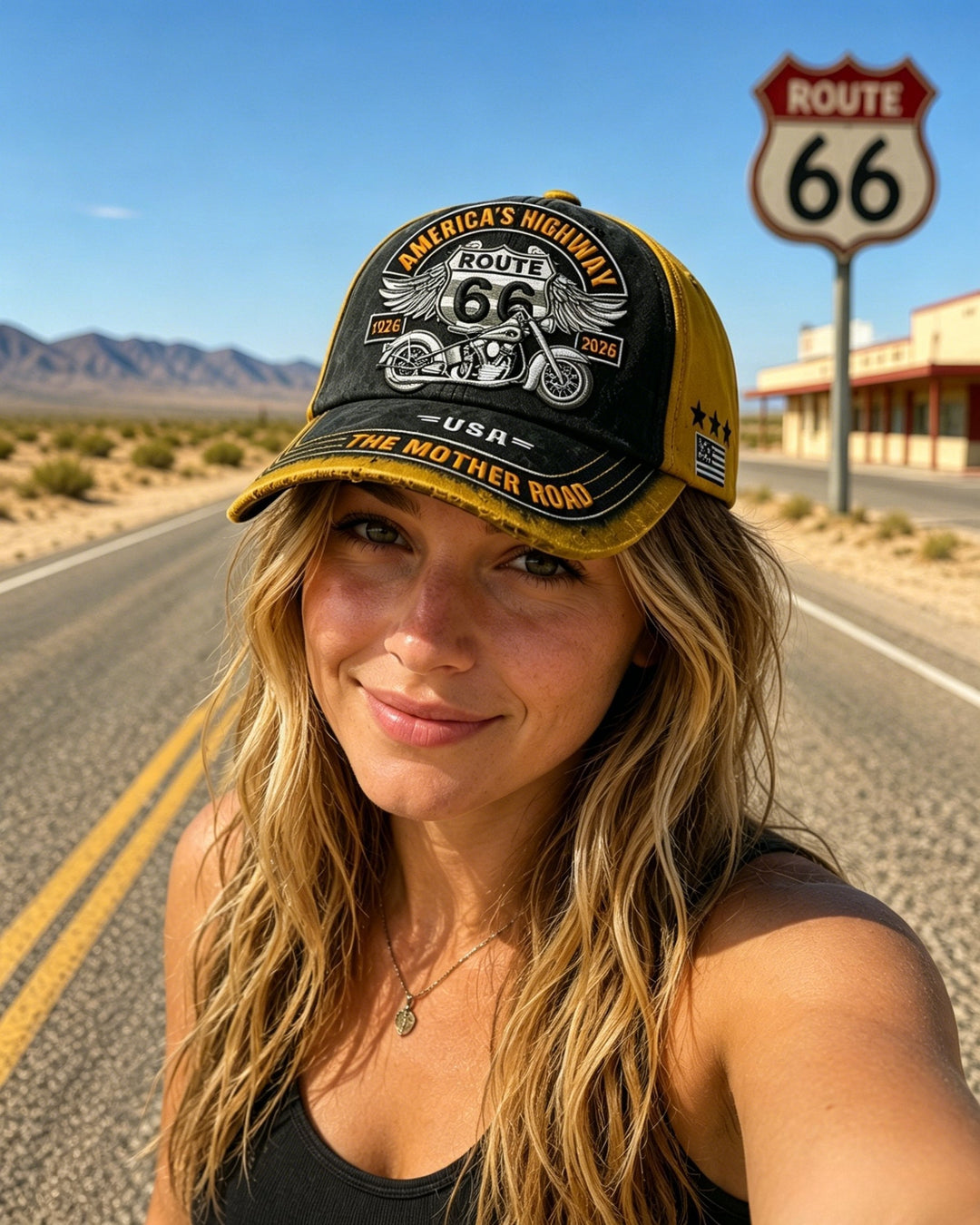 Retro US Route 66 100th Anniversary Art Printed Casual Baseball Cap - 100% Cotton