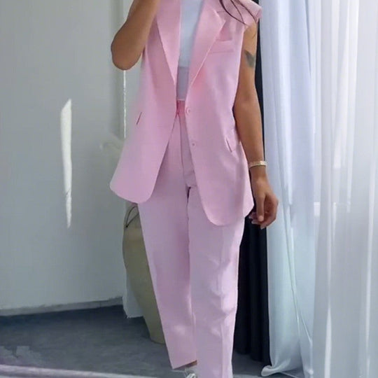 💖Women’s Stylish Sleeveless Blazer & High-Waisted Pants Set