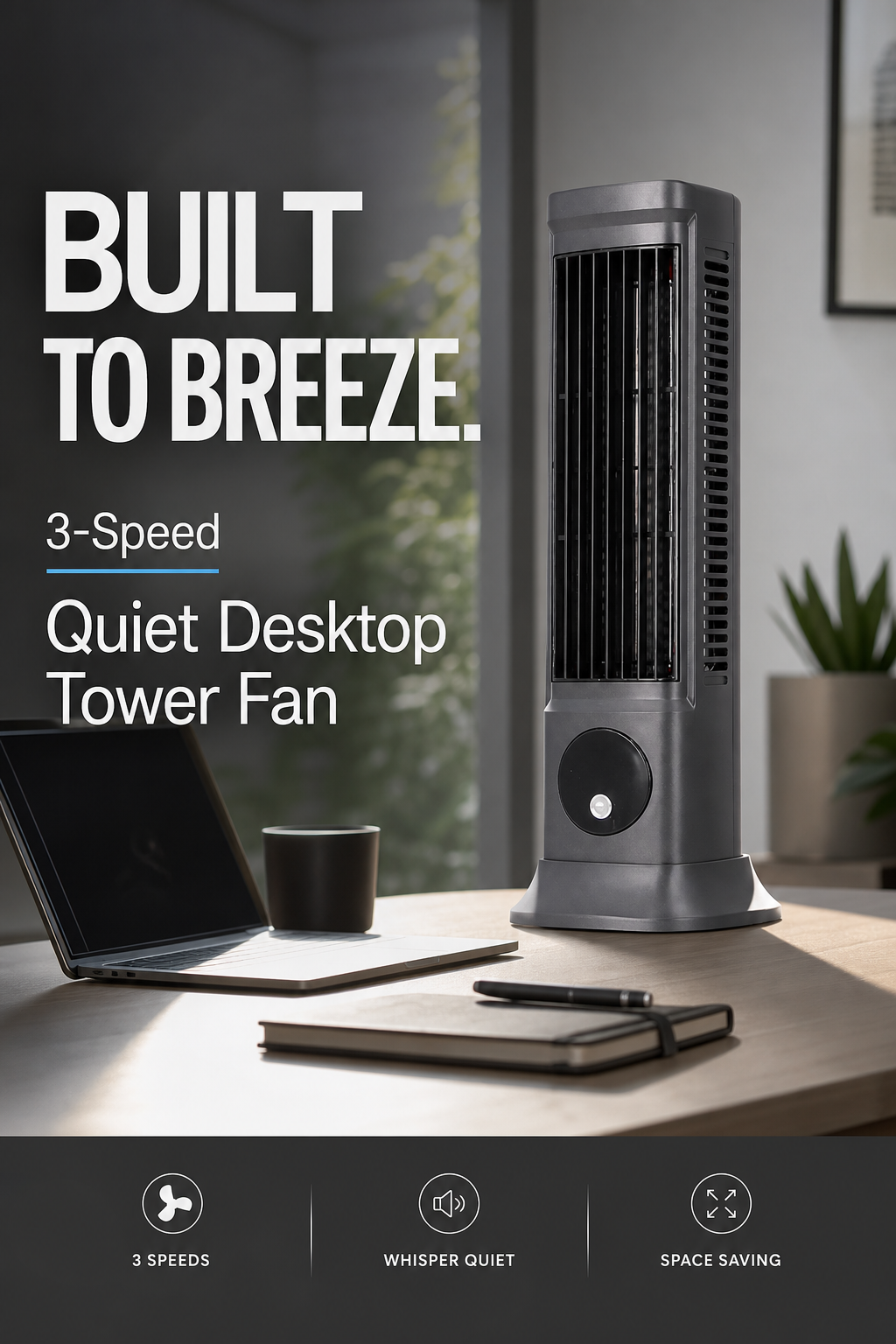 3-Speed Quiet Desktop Tower Fan