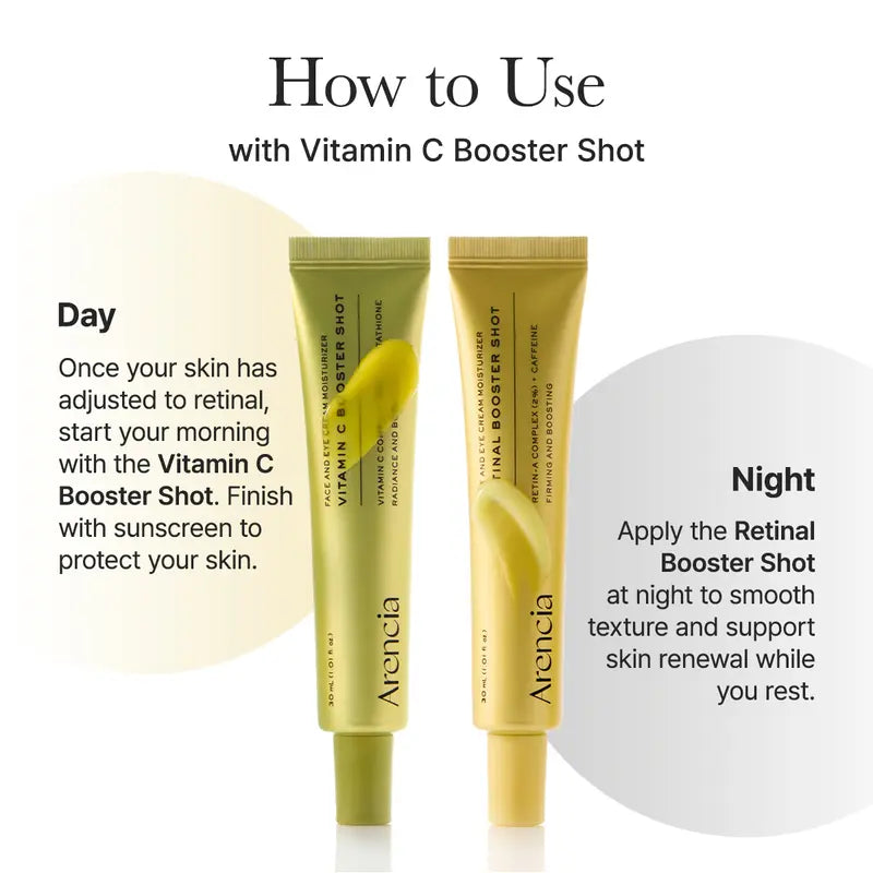 [Arencia Official] Booster Shot Skin Renewal Duo - Vitamin C & Retinal for Day And Night Brightening, Pore Minimizing, Moisturizing, and Fades Dark Spots | 1.01 fl oz + 1.01 fl oz