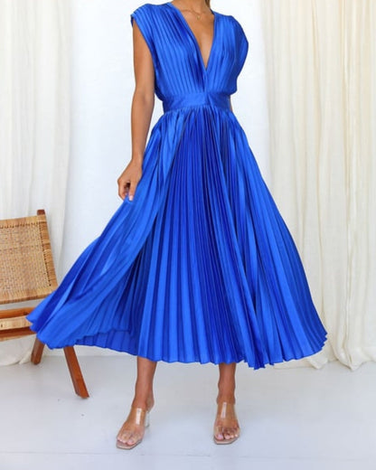 Timeless Elegance: Draped V-Neck Pleated Skirt Dress