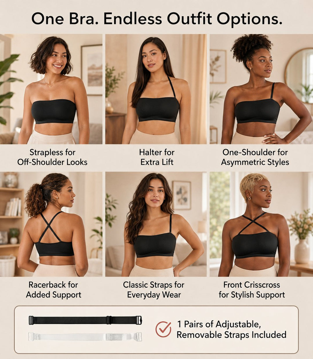 🔥Anti-Slip Grip & Removable Straps✨Convertible Strapless Bandeau Bra with Wireless Comfort👍Suitable for All Body Types.🌹Buy 2 Get Free Shipping