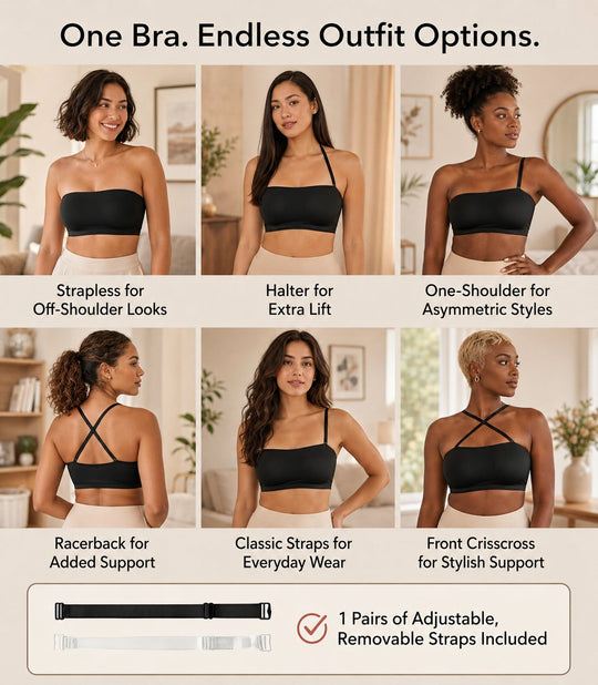🔥Anti-Slip Grip & Removable Straps✨Convertible Strapless Bandeau Bra with Wireless Comfort👍Suitable for All Body Types.🌹Buy 2 Get Free Shipping