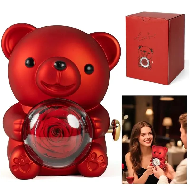 🎁Cute Teddy Bear with Preserved Rose-Necklace Included