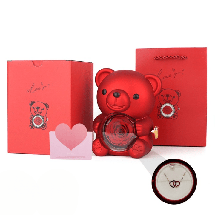 🎁Cute Teddy Bear with Preserved Rose-Necklace Included