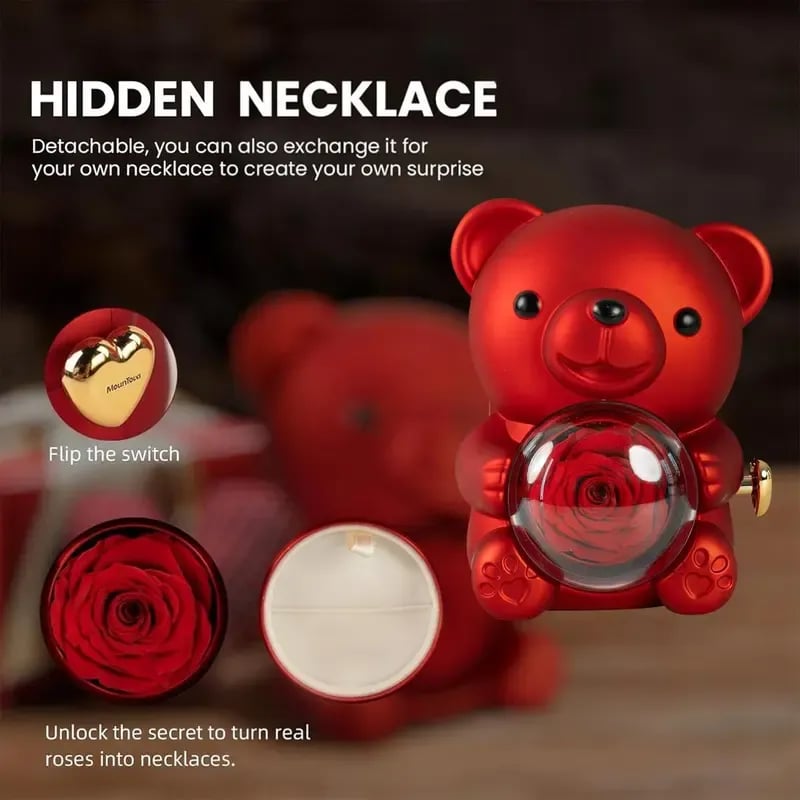 🎁Cute Teddy Bear with Preserved Rose-Necklace Included