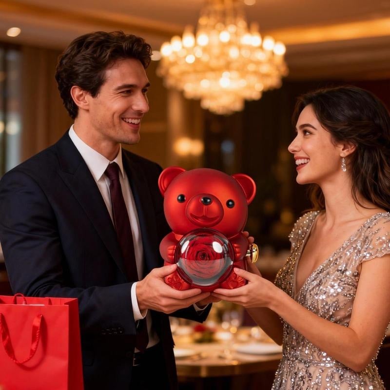 🎁Cute Teddy Bear with Preserved Rose-Necklace Included