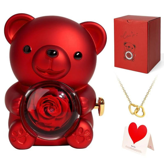 🎁Cute Teddy Bear with Preserved Rose-Necklace Included