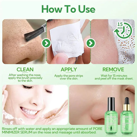 LANBENA Groene Thee Mee-eter Remover 100 vel Neuspore Strips & Pore Minimizer Serum Peel Off Masker voor poriën, neus, kin en gezicht