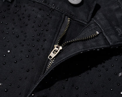 👖 HOT SALE 60% OFF! ✨ Rhinestone Embellished Slim-Fit Black Denim Jeans - Stretch Comfort with Sparkling Waistband for a Dazzling Look 💎🖤