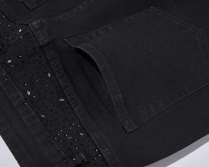 👖 HOT SALE 60% OFF! ✨ Rhinestone Embellished Slim-Fit Black Denim Jeans - Stretch Comfort with Sparkling Waistband for a Dazzling Look 💎🖤