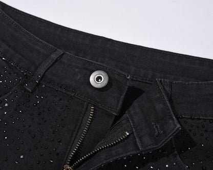 👖 HOT SALE 60% OFF! ✨ Rhinestone Embellished Slim-Fit Black Denim Jeans - Stretch Comfort with Sparkling Waistband for a Dazzling Look 💎🖤