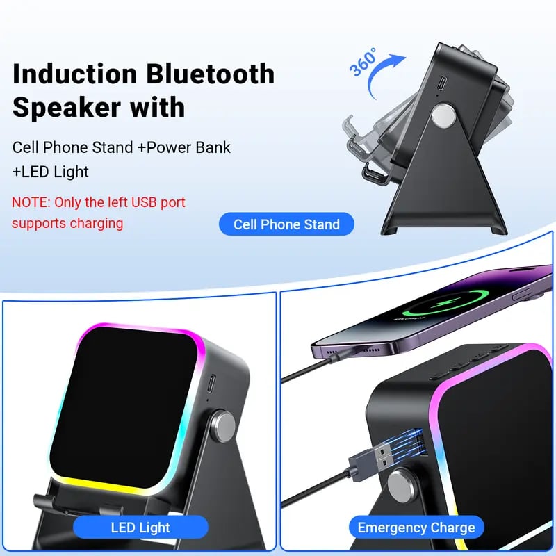 Wireless Induction Audio Speaker Stand, 5-in-1 Phone Stand, 1500mAh Rechargeable Emergency Power , 360° Adjustable Phone