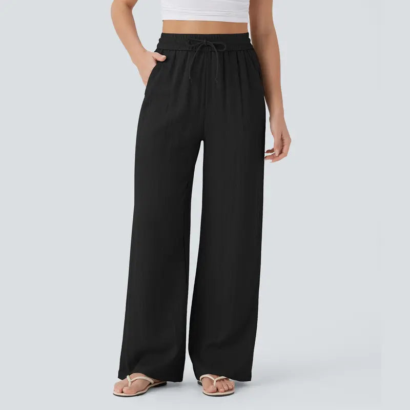 🥳34% OFF today!! 🥳High Waisted Drawstring Wide Leg Casual Linen-Feel Soft Touch Trousers with Side Pockets