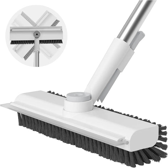 🧹3-in-1 Floor Scrub Bathtub Brush with Long Handle, Double-Sided, Heavy-Duty Stiff Bristles & Squeegee – Scrape & Scrub