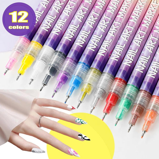 🌈 12 Colours Nail Art Pens Set: Precision Dual Tips for French Manicure, Gradient & 3D Nail Art | Salon Quality DIY Kit 🎨💅