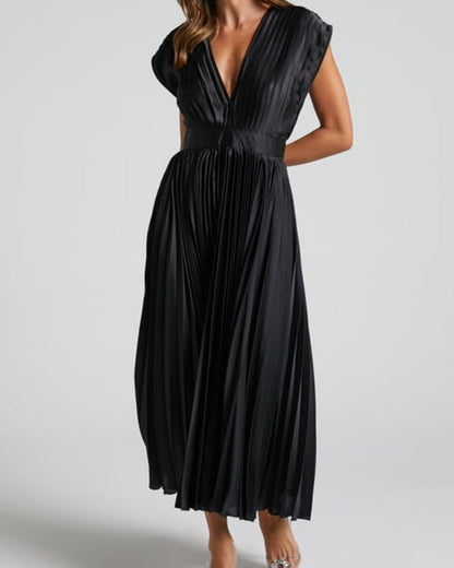 Timeless Elegance: Draped V-Neck Pleated Skirt Dress