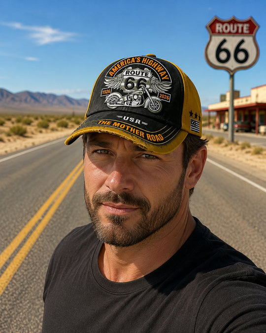 Retro US Route 66 100th Anniversary Art Printed Casual Baseball Cap - 100% Cotton