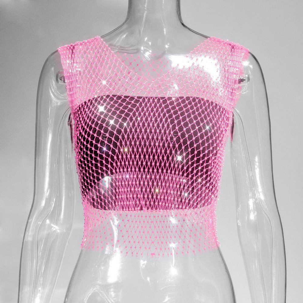 Fascinating Rhinestone-Embellished Fishnet Crop Top