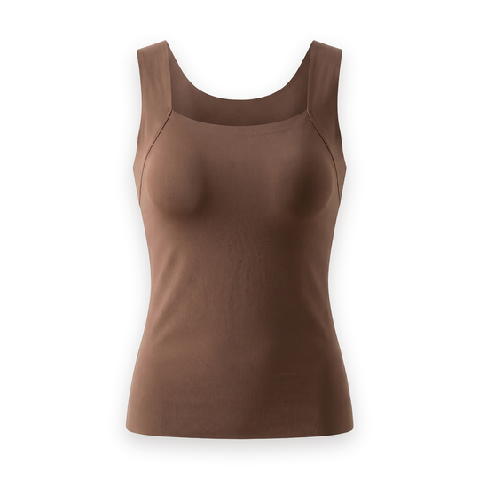 The Built-In Bra Tank in mocha, front view on a white background